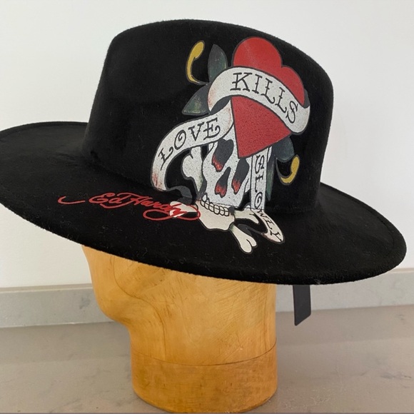 Unisex Ed Hardy by Christian Audigier Cashmere Black Hat Love Kills Slowly - Picture 8 of 8